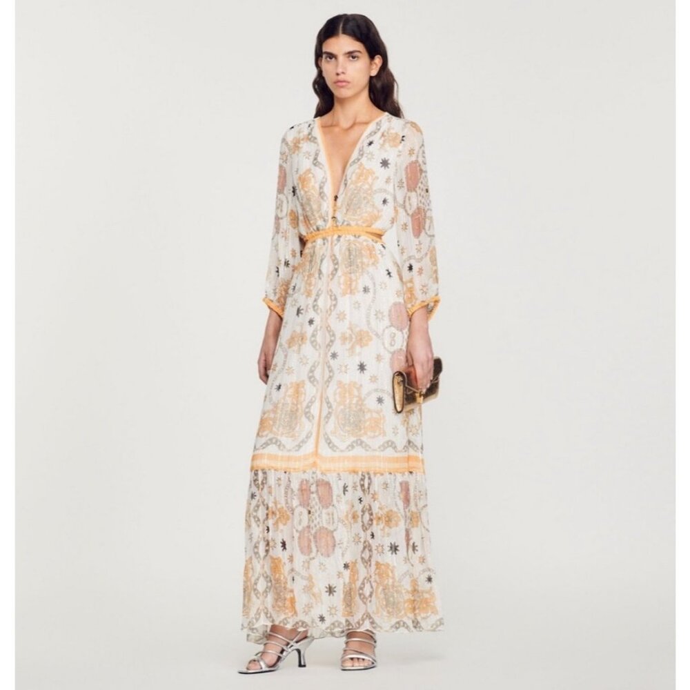 NWT Sandro Valldemossa Metallic Scarf Print Cutout Maxi Dress 36